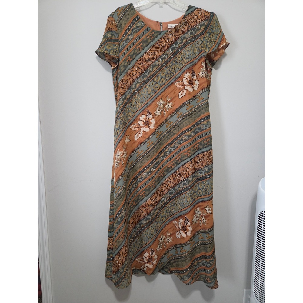 Kathie‎ Lee Collection Womens Orange Green Floral Stripe Midi Dress Size 14